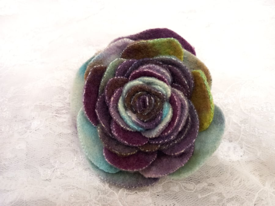 Hand dyed Rose Flower brooch, upcycled from vintage blanket.  Winter ice