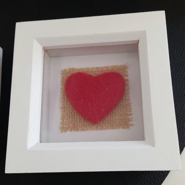 Needle-felted vibrant red heart in box frame