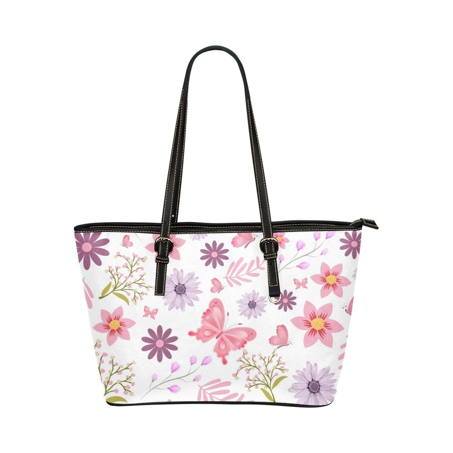 Butterfly Flower Artistic Inspired PU Leather Tote Bag.