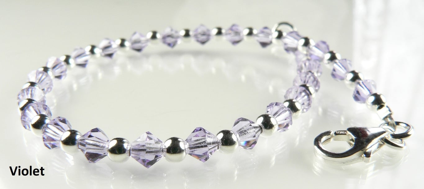 Violet Preciosa Czech glass beaded bracelet, lobster clasp, sterling silver
