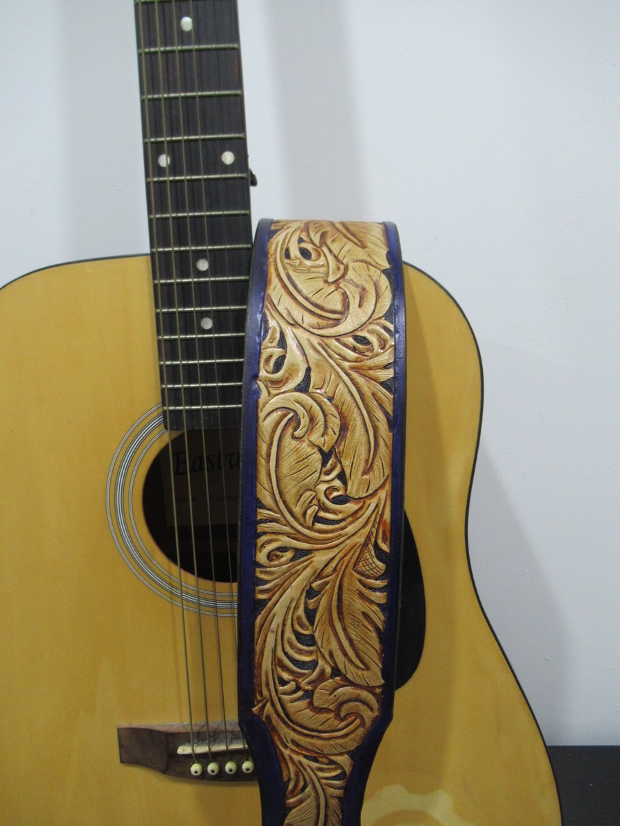 Handmade Leather Tooled Feather Guitar or Bass Strap Purple