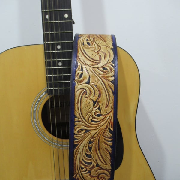 Handmade Leather Tooled Feather Guitar or Bass Strap Purple