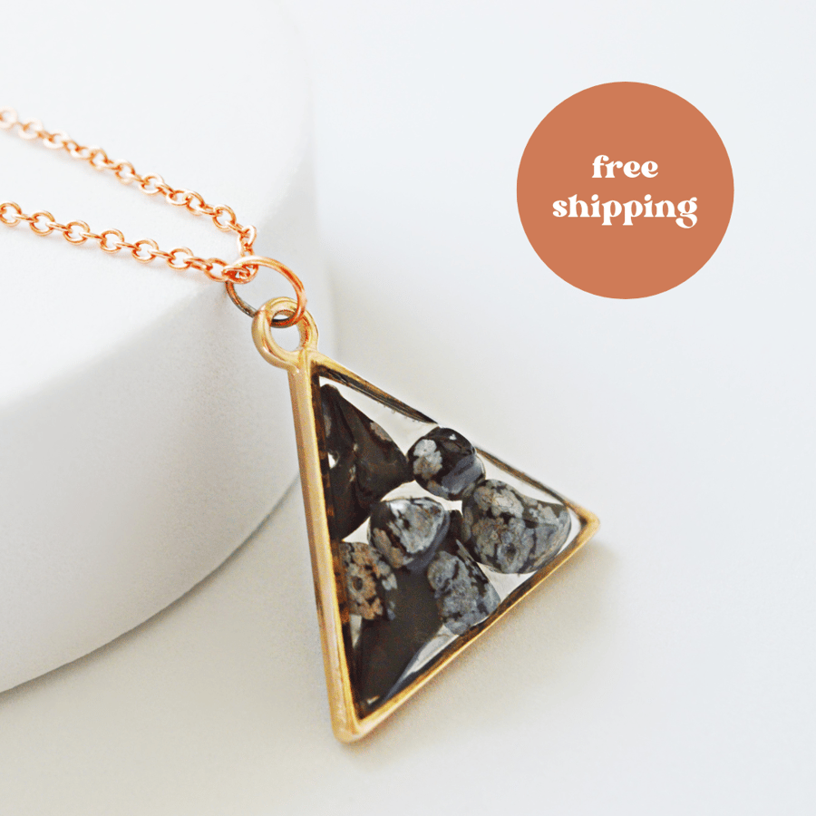 Snowflake Obsidian Rose Gold plated Triangle Worry Stone Necklace - Free Postage