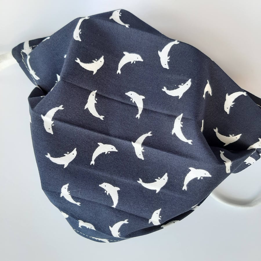 Fabric Face Covering - Navy with White Dolphins