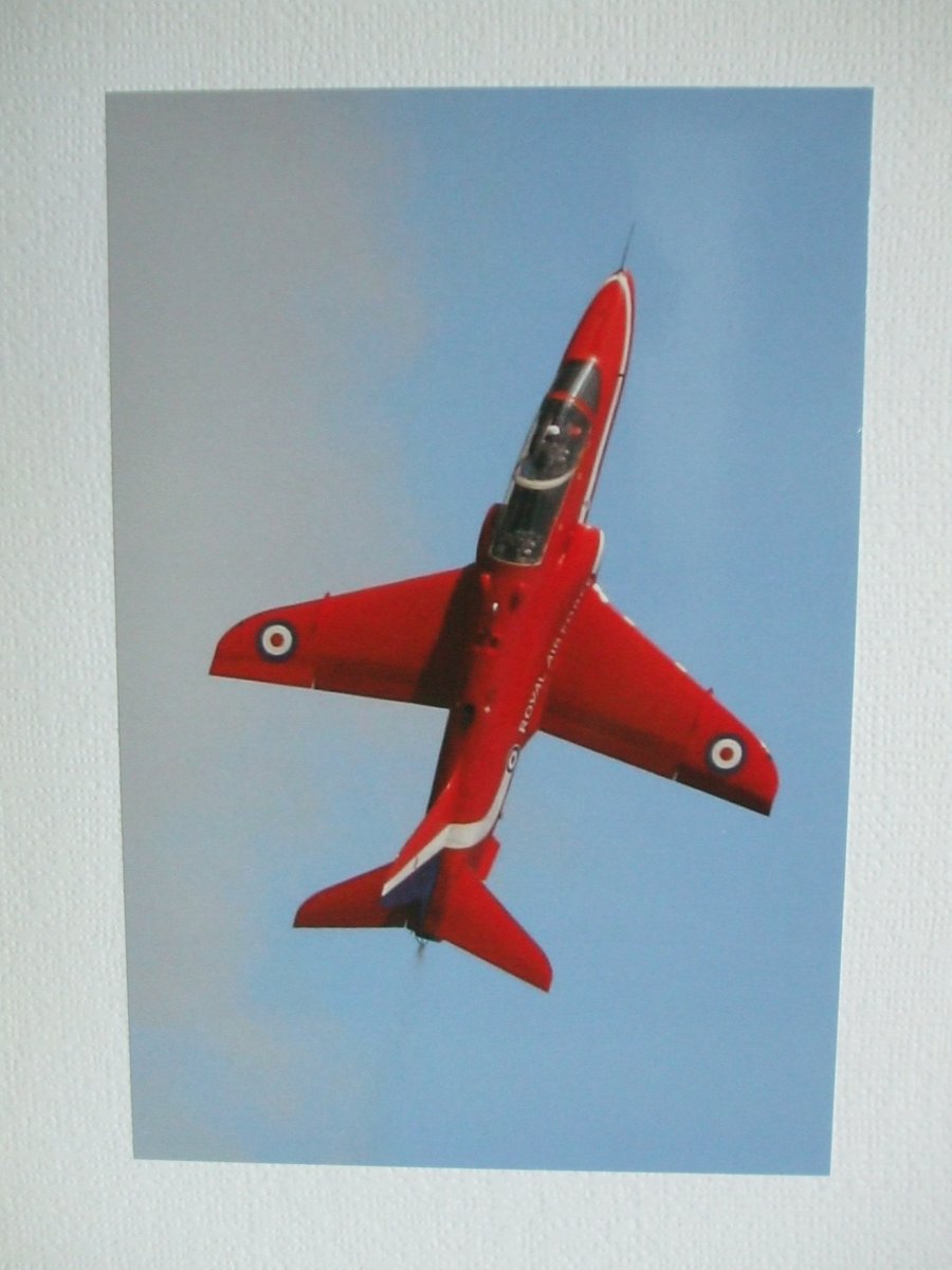 Photographic greetings card of a Red Arrow in a vertical climb.