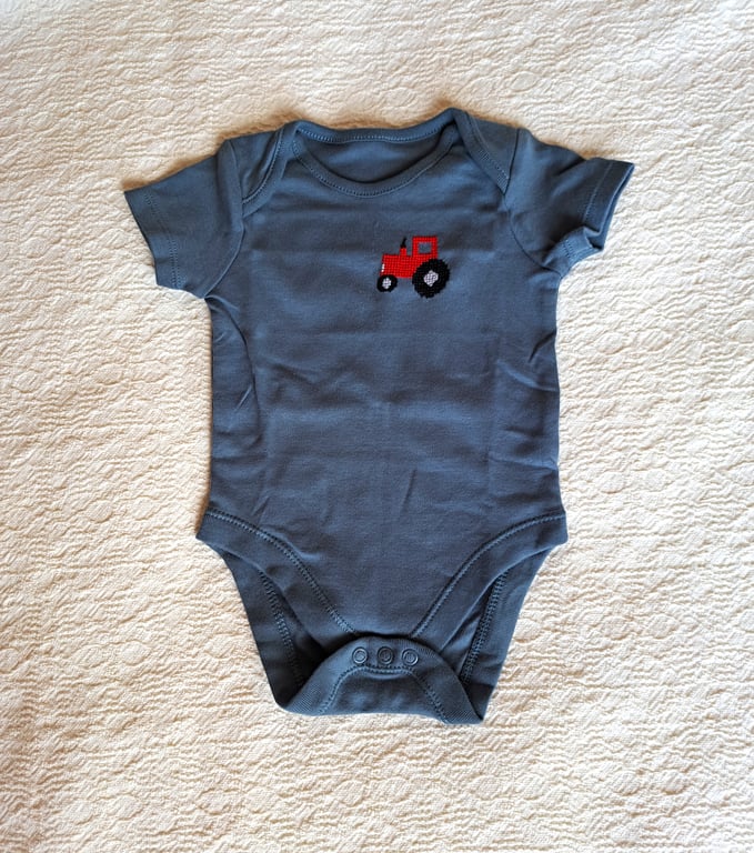 Tractor, Vest, age 3-6 Months, hand embroidered, cross stitch