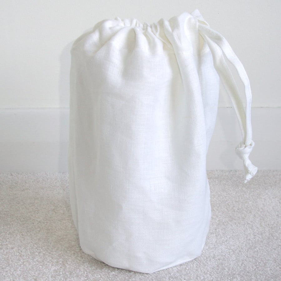 Toilet Roll Holder 2 Loo Rolls Storage Drawstring Bag White Linen