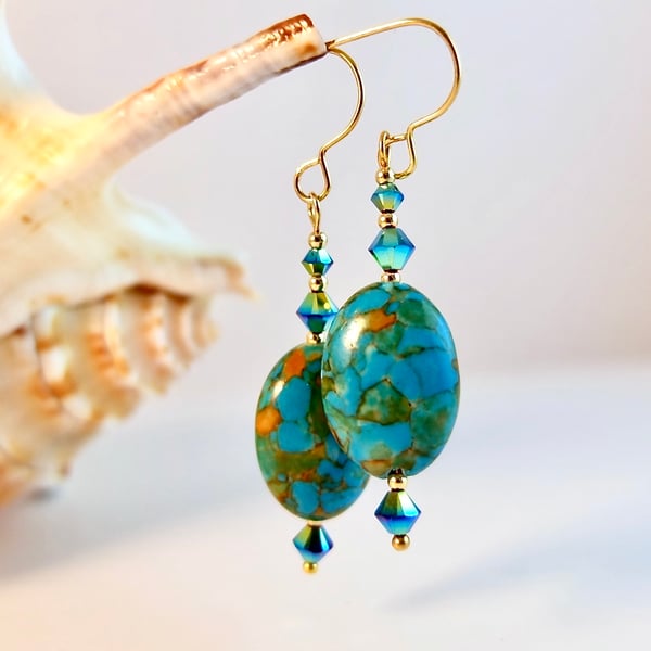 Mosaic 'Turquoise' Drop Earrings With Swarovski Crystals - Handmade In Devon
