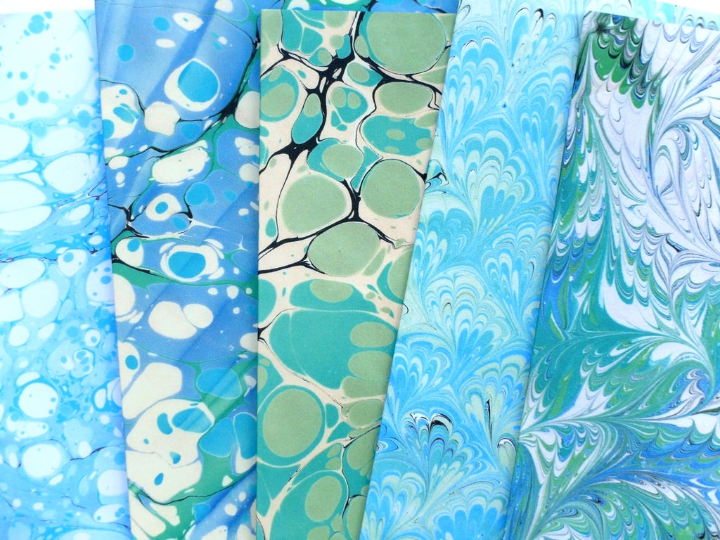Greetings cards pack of 5 printed marbled paper mixed designs green and blue 