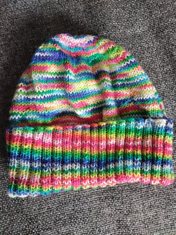 Beanie Hat Hand Knit Rainbow 