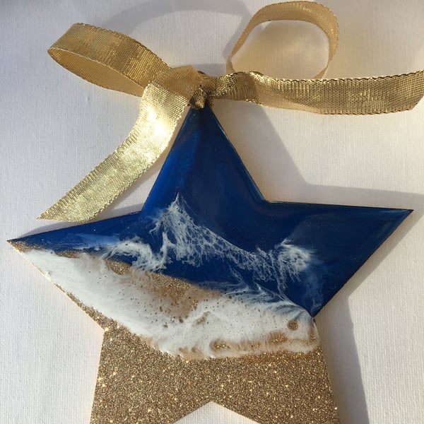 Christmas decoration, ornament, abstract, coastal, star,  blue, champagne gold 