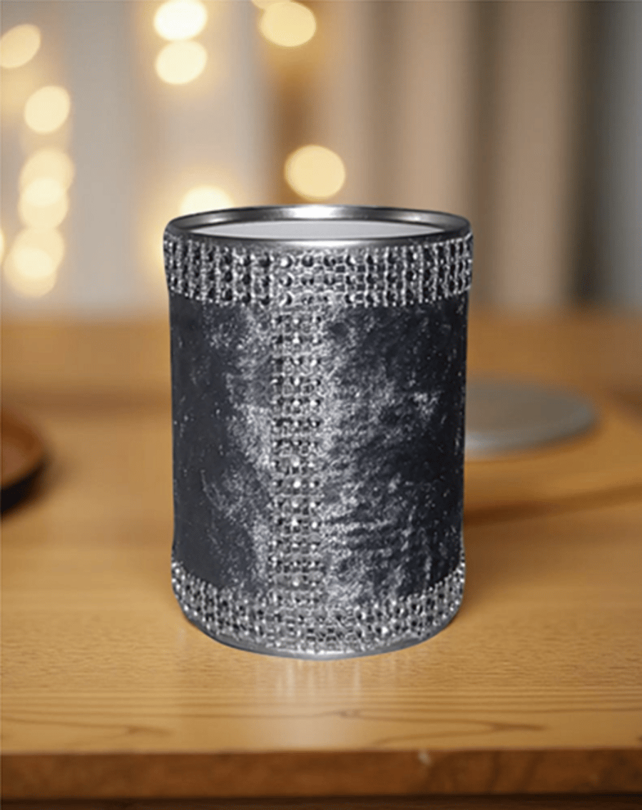 Storage pot. Grey crushed velvet, diamante trim. Repurposed tin can