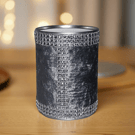 Storage pot. Grey crushed velvet, diamante trim. Repurposed tin can