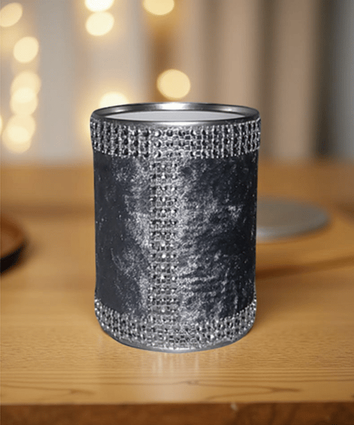 Storage pot. Grey crushed velvet, diamante trim. Repurposed tin can