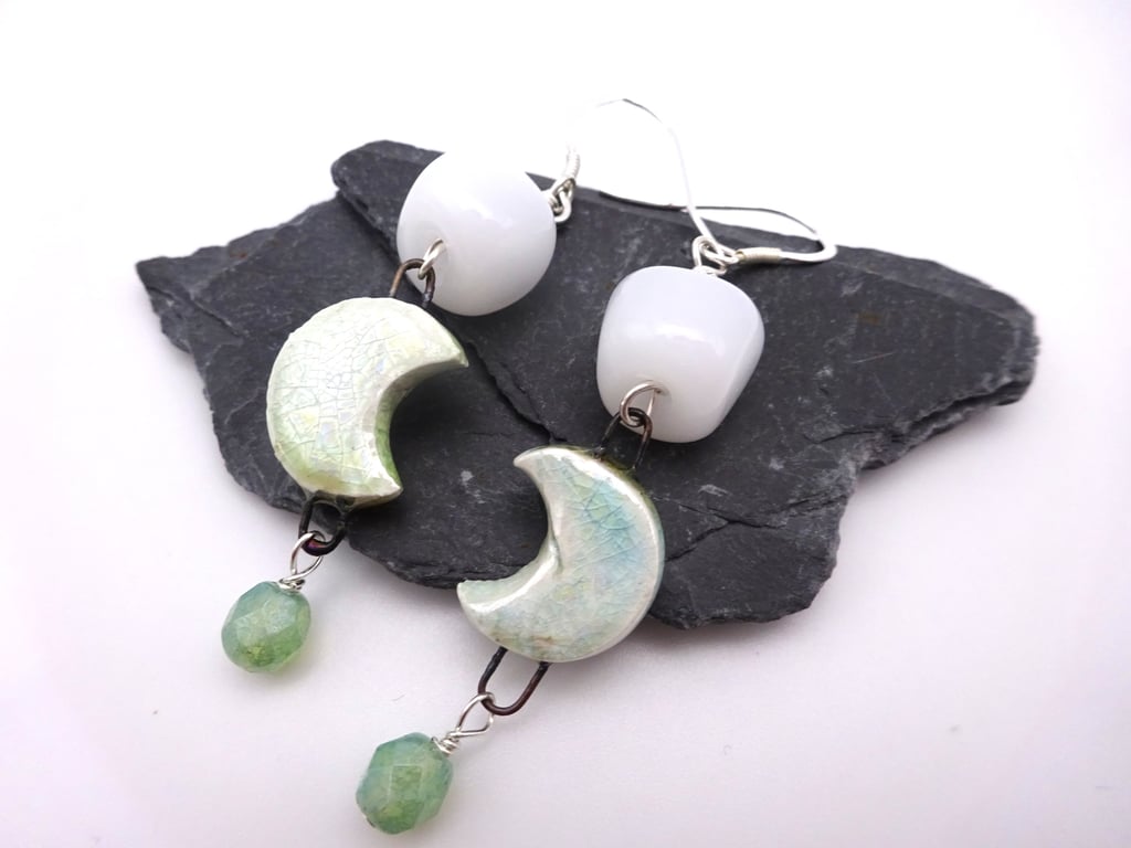 green ceramic moon lampwork glass earrings