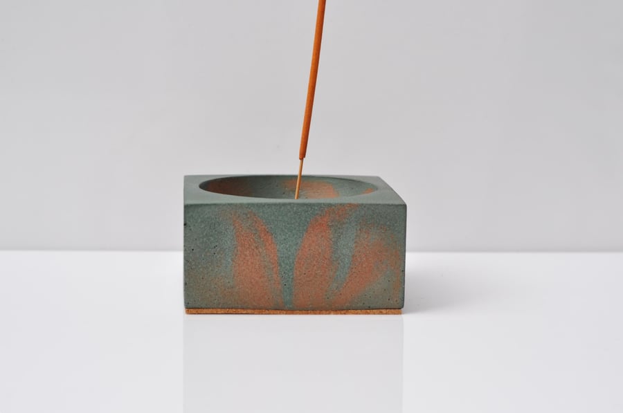Concrete Incense Burner Green and Orange Cement Joss Stick Holder Unique Beton H