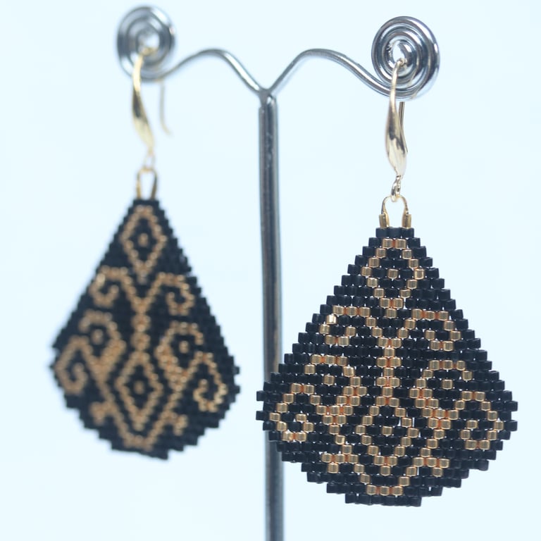 Teardrop Beaded Earrings in Black with Gold Geometric Pattern