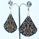 Teardrop Beaded Earrings in Black with Gold Geometric Pattern