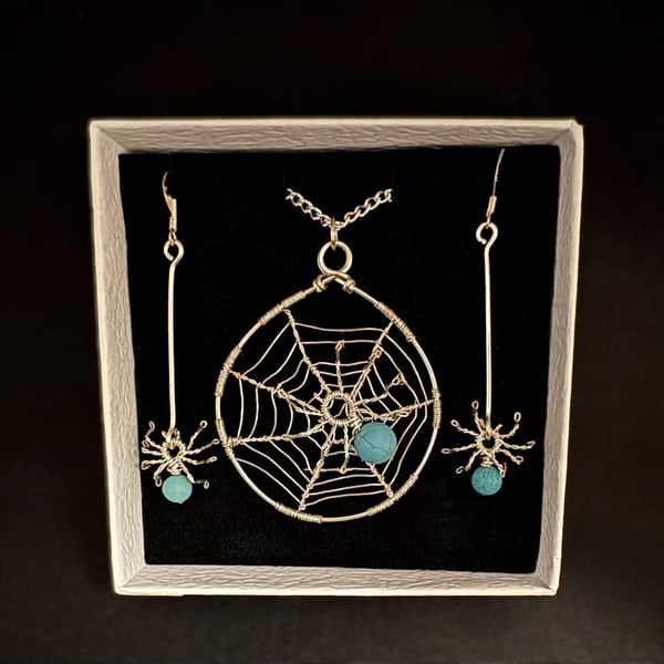 Spider pendant and earring set with turquoise