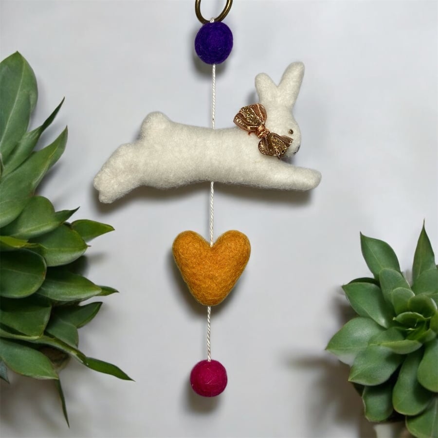 Felted small bunny hanging with coloured felt balls and heart (gold ribbon)