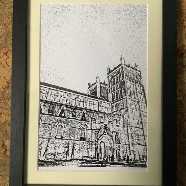'Arriving' Durham Cathedral, Monochrome Singular Original Print, One of a Kind.