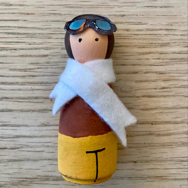 Amelia Earhart Handpainted Wooden Peg Doll - inspirational women