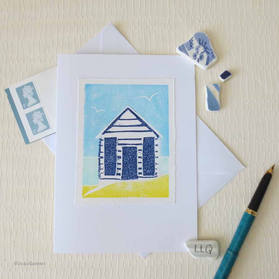 Block printed beach hut blank greeting card - new colour way