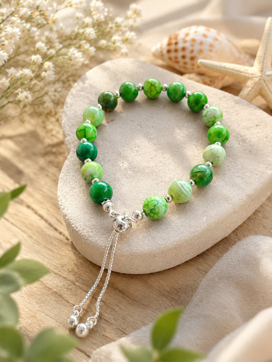 Handmade Green Marbled Glass Adjustable Bracelet 
