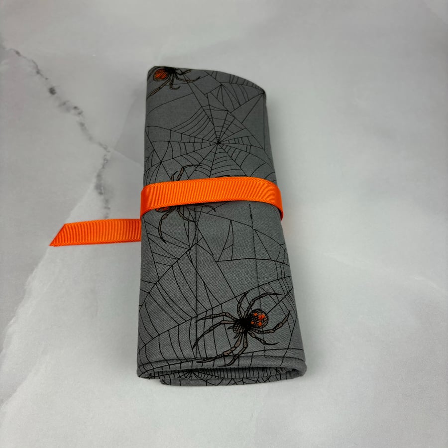 Spiders Web brush roll, Gothic pencil wrap, Tool wrap, Handmade