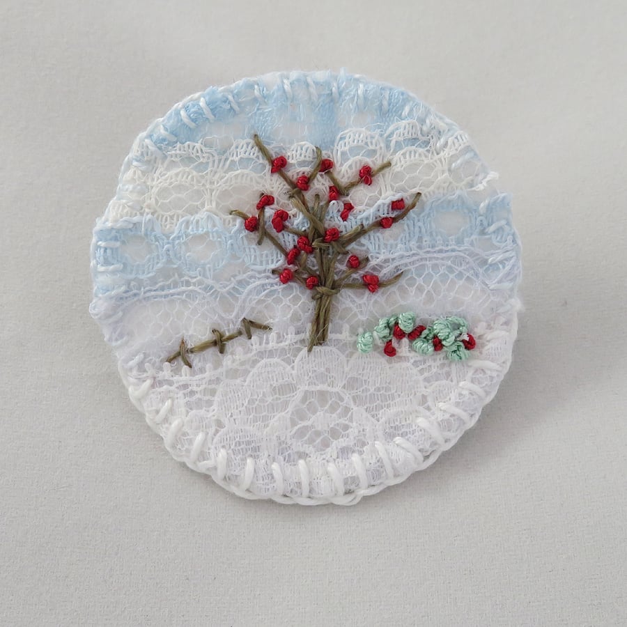 Winter Berries Brooch Hand Embroidered Layered Lace