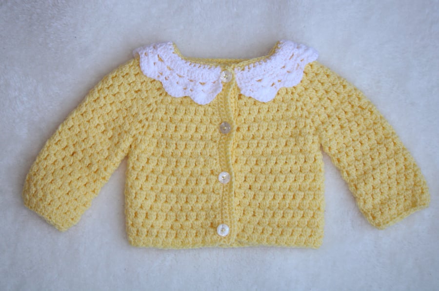 Baby Girl Cardigan with a Crochet Lace Collar - 0-6 Months - Yellow and White