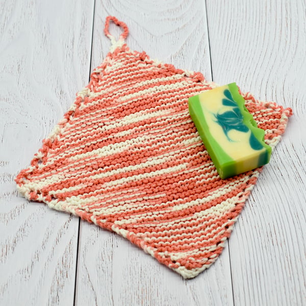 Hand knitted cotton wash cloth - white and coral pink