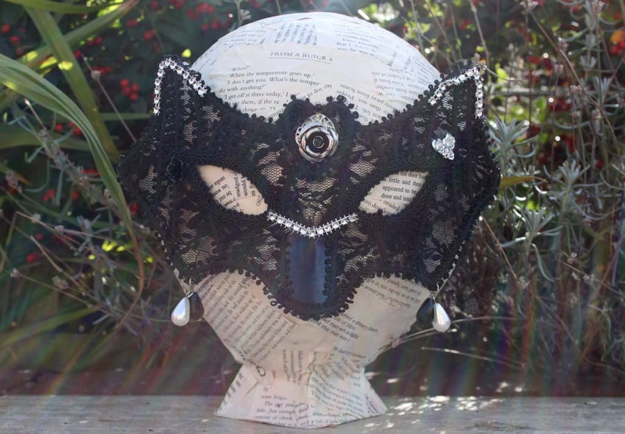 Steampunk Black Lace Faux Pearl Silver Rose Masquerade Bat Mask