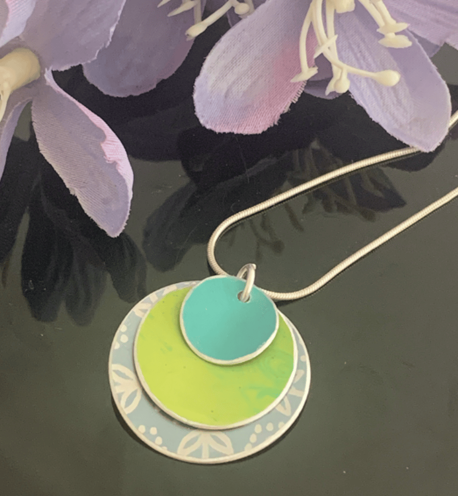 Hand dyed aluminium pendant, turquoise, lime and duck egg blue