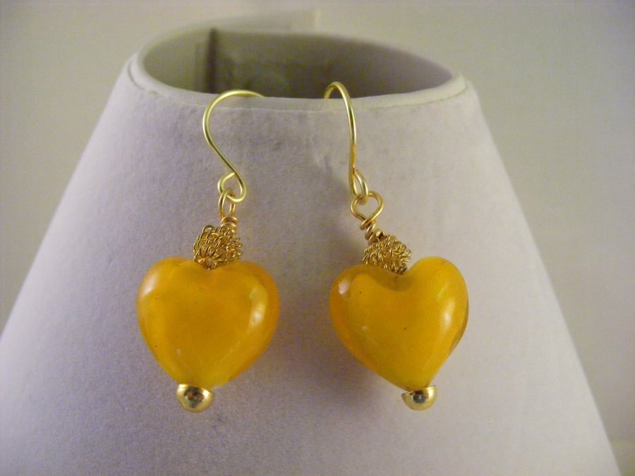 Yellow Glass Heart Earrings.