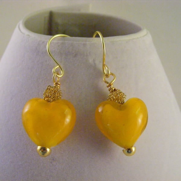 Yellow Glass Heart Earrings.