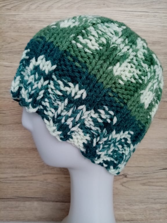 Hand-knitted Fair Isle Style Stretch Hat, Nordic Style Merino Wool Blend Hat