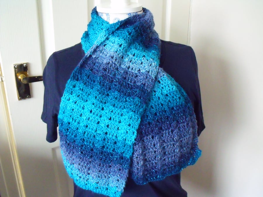 blue sparkly crocheted scarf, crochet clothing accessory