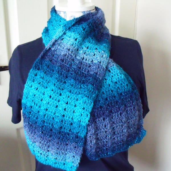 blue sparkly crocheted scarf, crochet clothing accessory