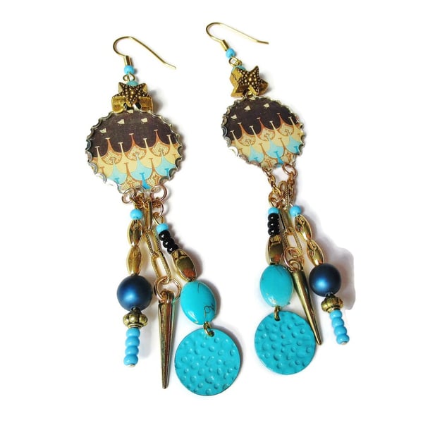 Art Deco Style Earrings Turquoise Beige Black Beaded Geometric Long Multi Bead