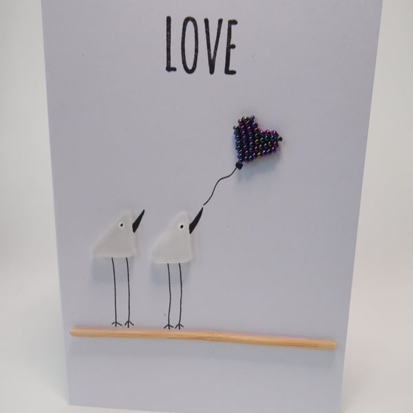 Sea Glass Birds Purple Metallic Heart Valentine Wedding Engagement Card C411