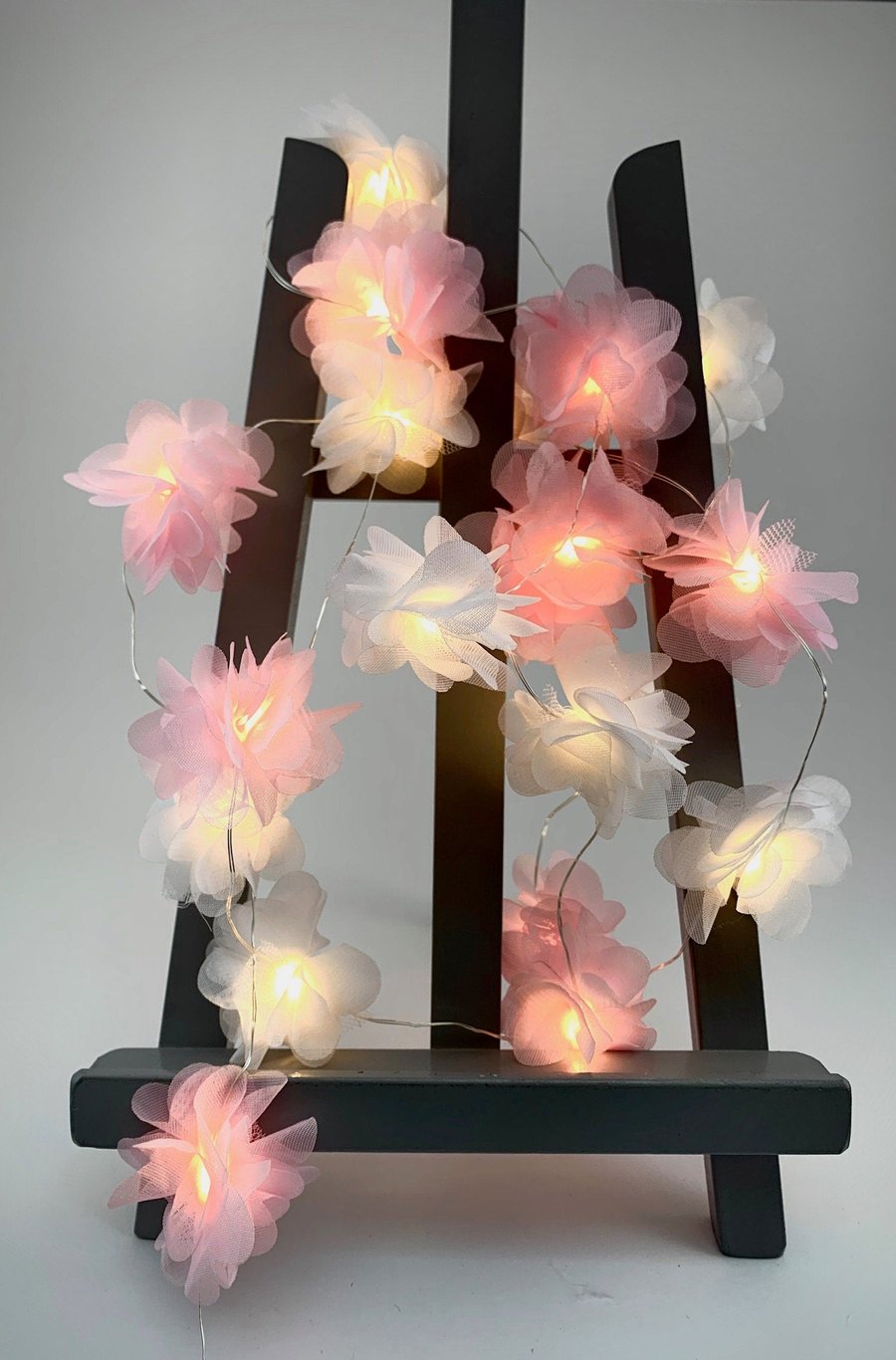 20 chiffon flower Fairy Lights -  in baby pink and white.