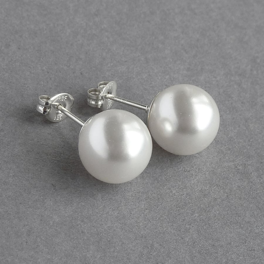 10mm Chunky White Glass Pearl Studs - Large Stud Earrings - Bridal Jewellery