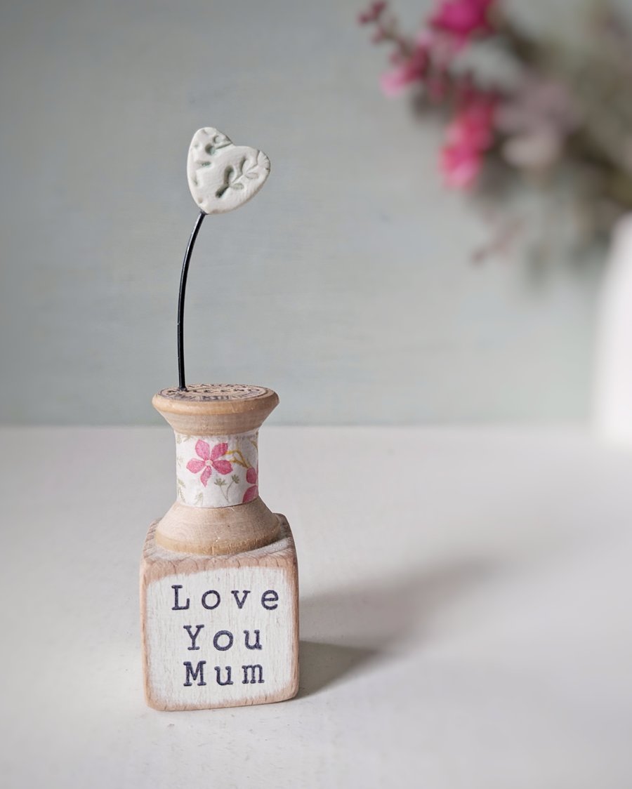 Clay Heart on a Teeny Vintage Bobbin 'Love You Mum'