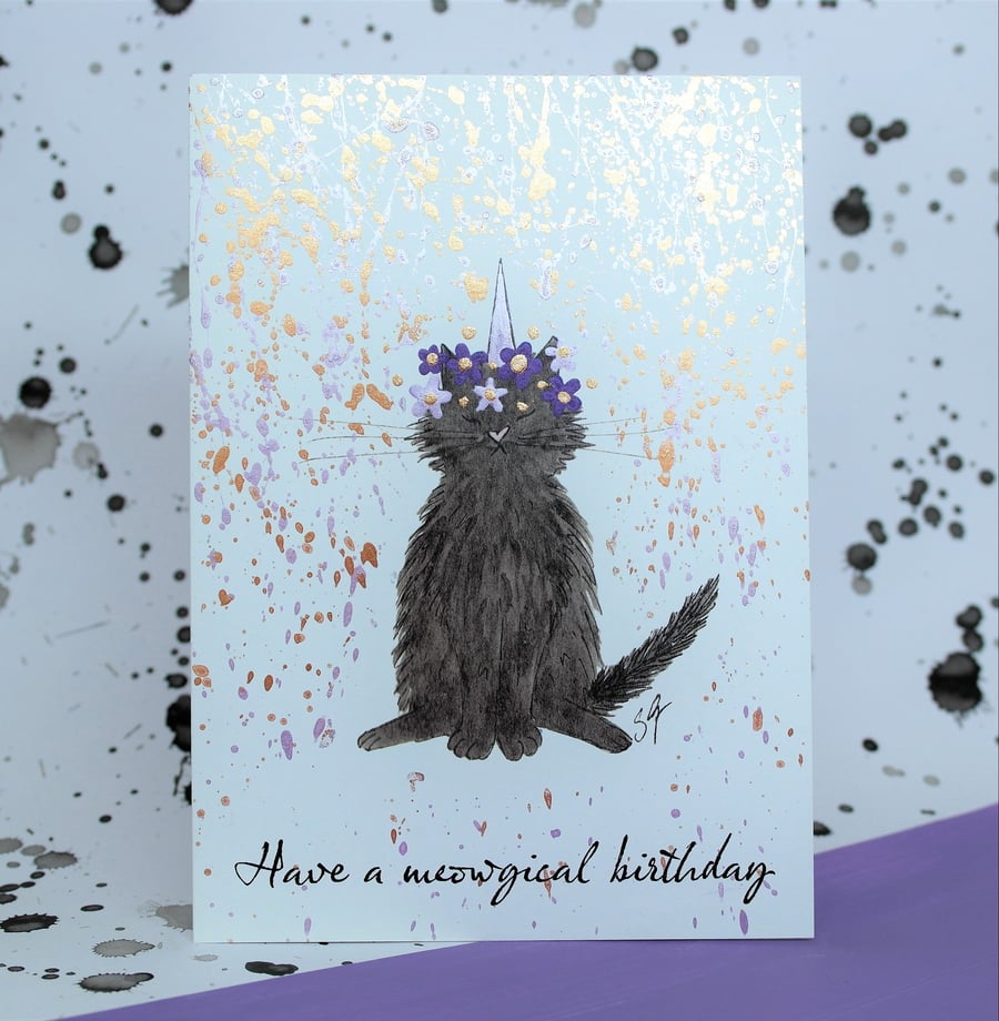 Meowgical caticorn birthday card, printed with hand finished mica powder details