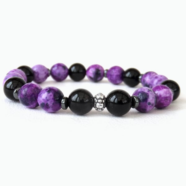 Purple casilica and black onyx stretchy bracelet