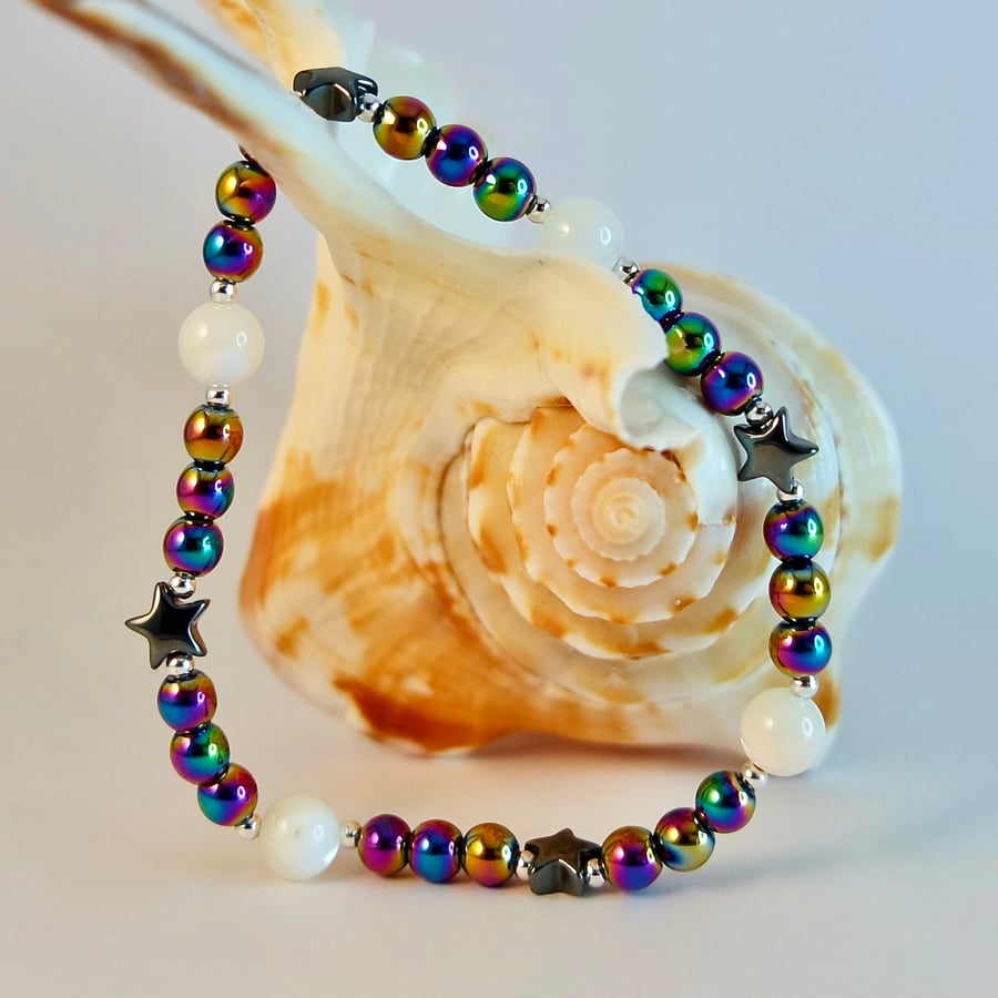 Hematite Star & Mother Of Pearl Bracelet - Birthday, Anniversary, Gift For Her