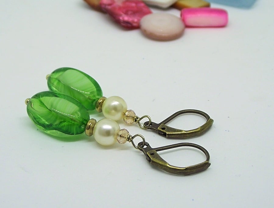 Green glass vintage style earrings