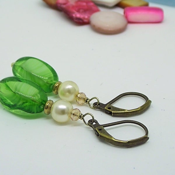 Green glass vintage style earrings