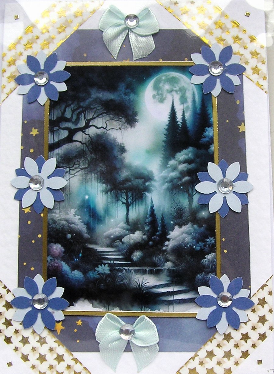 Blue Twilight Moon - Hand Crafted 3D Decoupage Card - Blank 3122